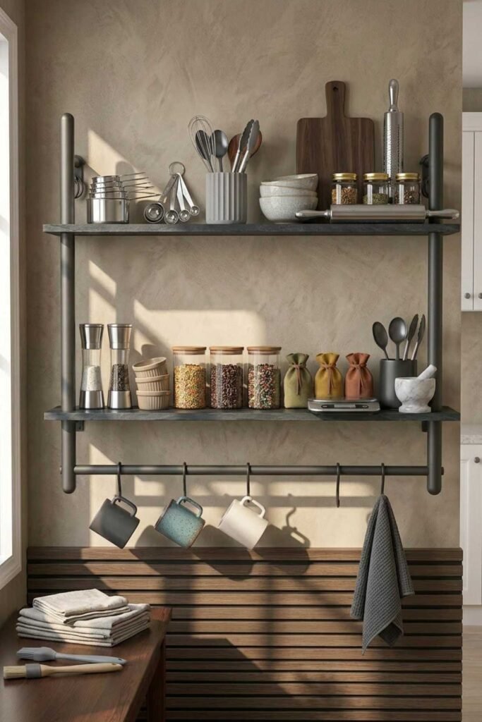 Modern kitchen with floating shelves holding jars mugs bowls and decor