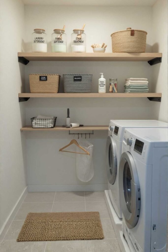 Laundry Room Organization Ideas with floating wooden shelves above washer and dryer