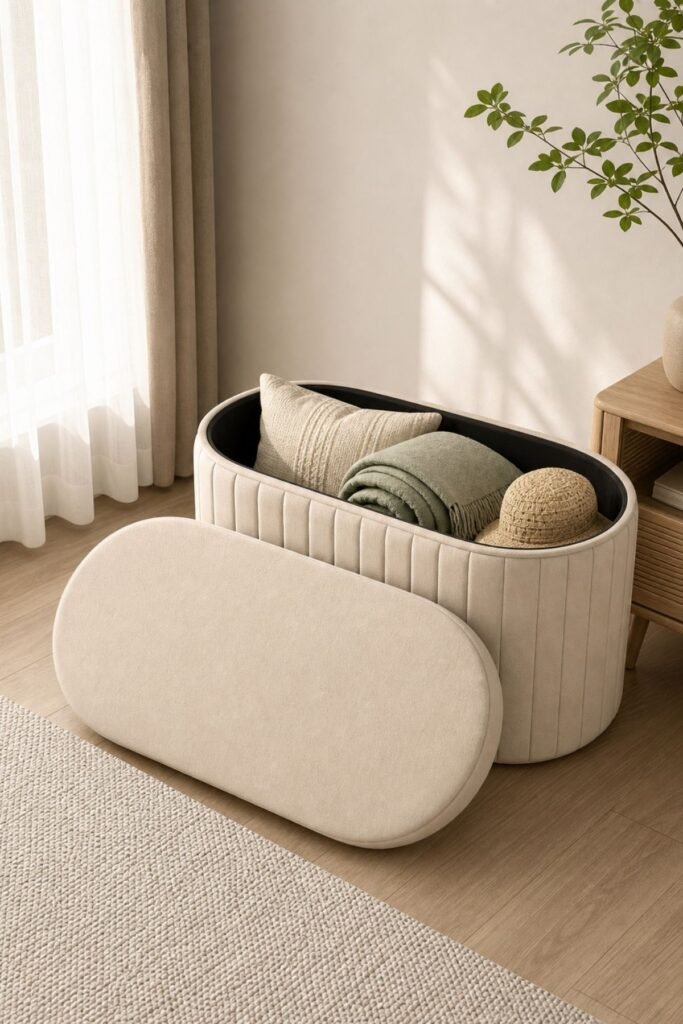 Living room organization ideas with stylish storage ottoman beside a sofa