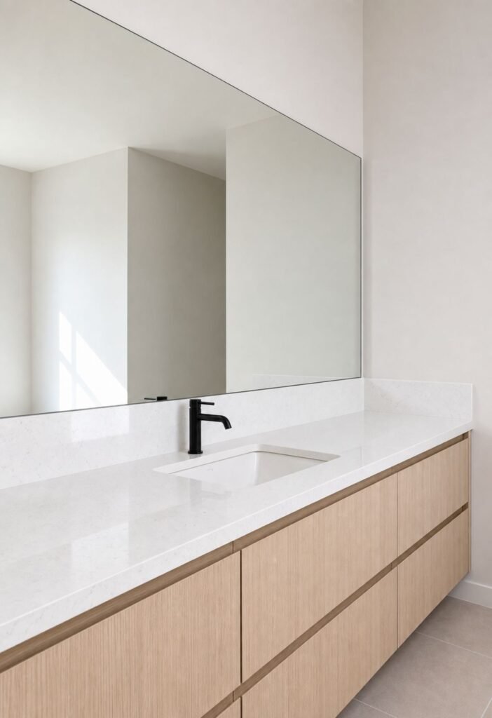 Small bathroom organization with a clear counter and neatly arranged daily essentials