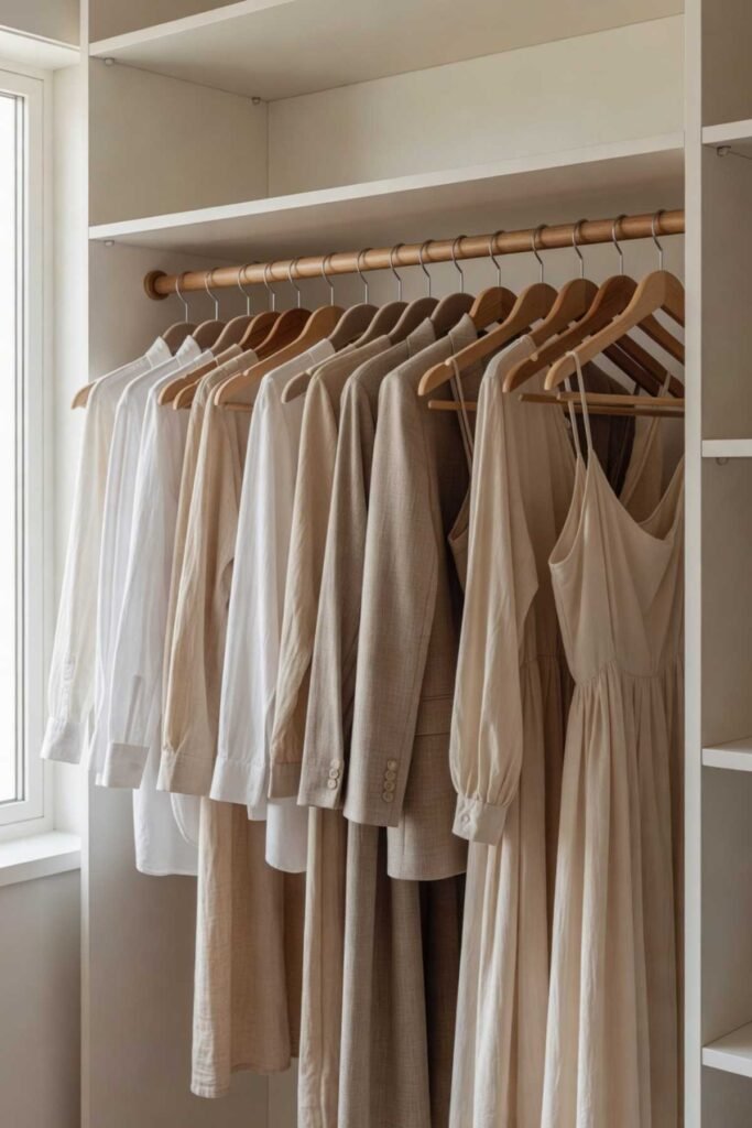 Closet with matching neutral hangers and neatly organized clothes
