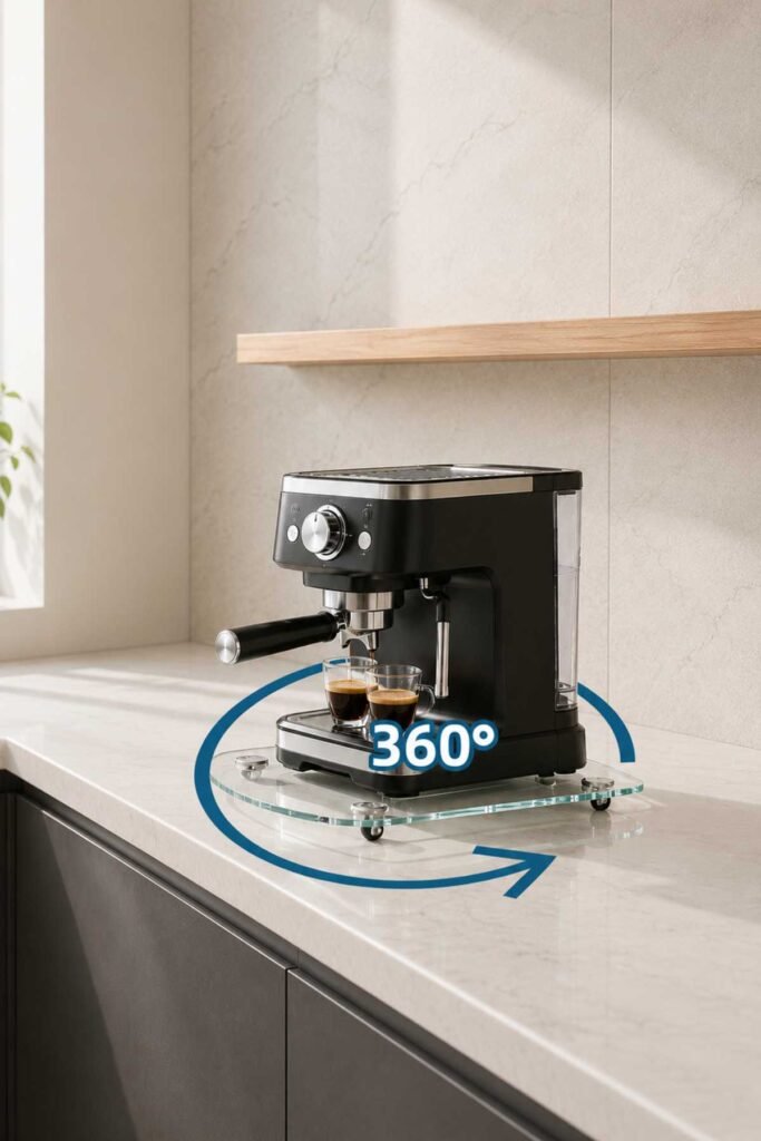 Minimal kitchen counter with appliances placed on sliding storage trays