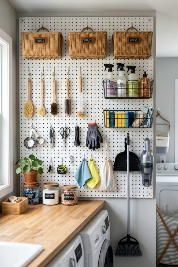 Laundry Room Organization Ideas with pegboard wall holding baskets and cleaning tools