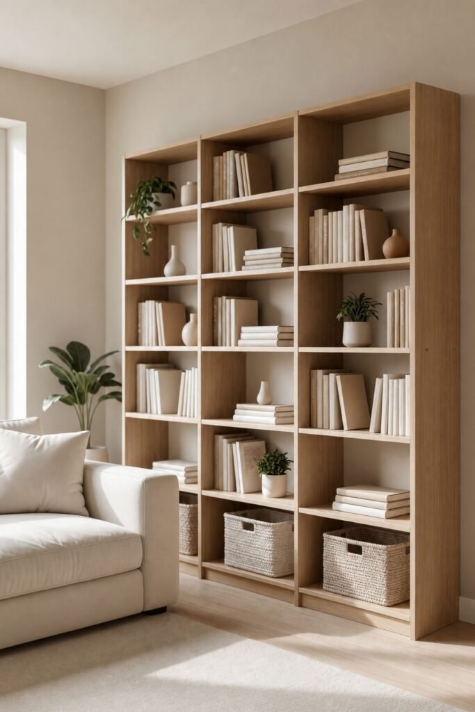 Living room organization ideas with balanced bookshelf decor and storage baskets