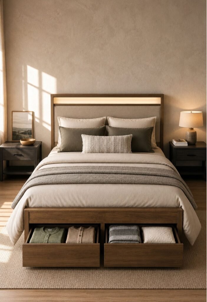 Small bedroom storage bed with built in drawers and hidden storage