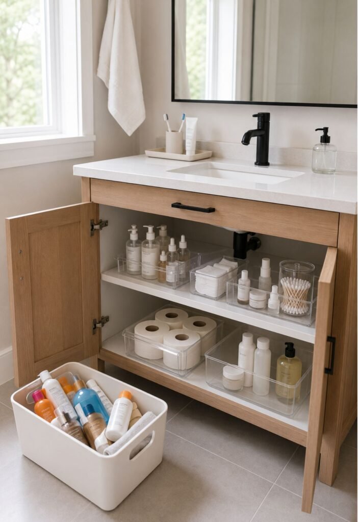 Small bathroom cabinet organized with everyday products while seasonal items are stored away