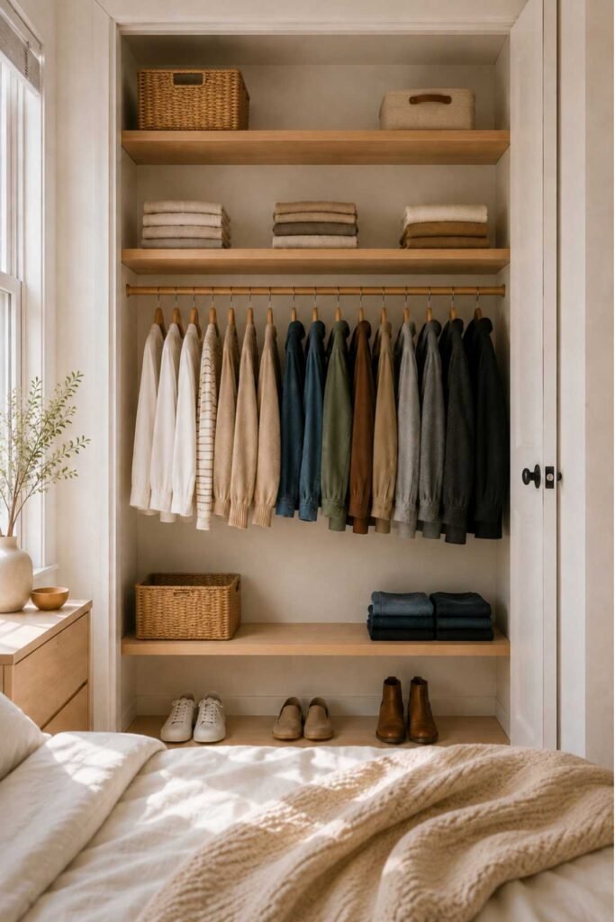 Organized closet with open space between clothes and shelves