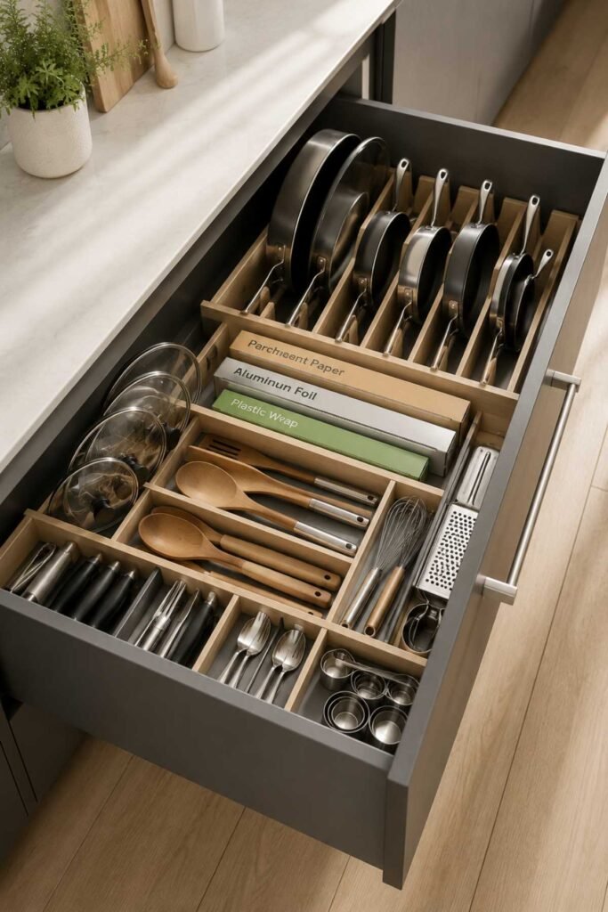 Deep kitchen drawer with organized storage sections for utensils and tools