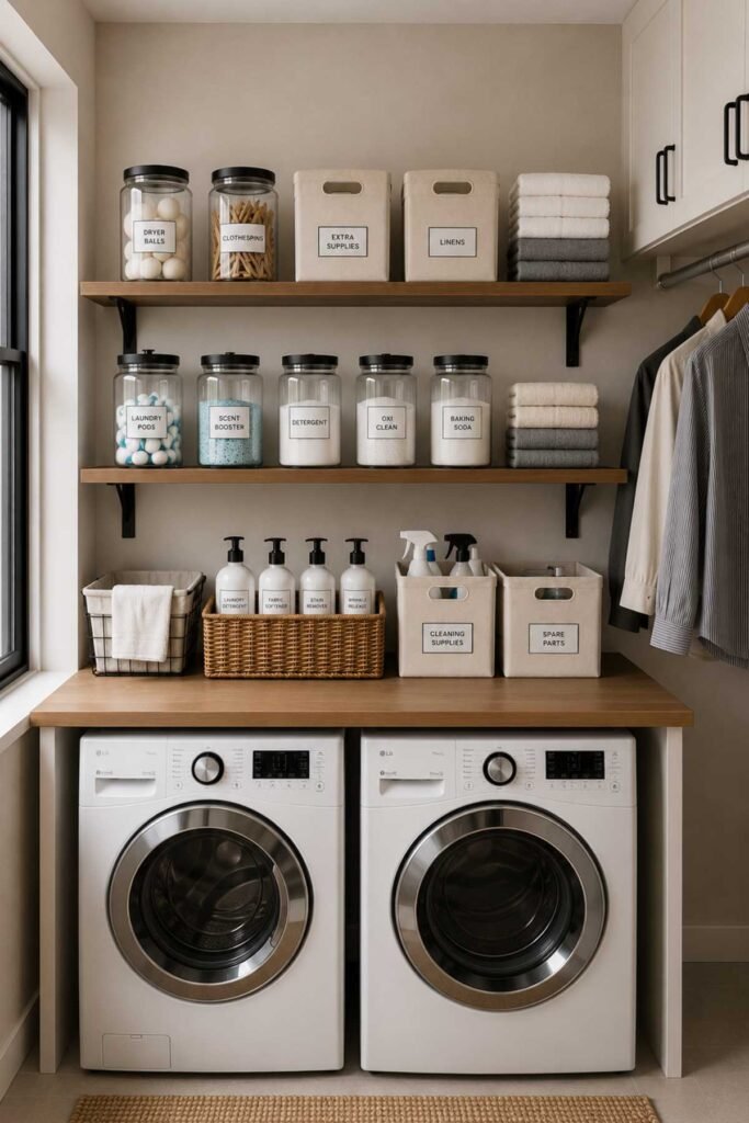 Laundry Room Organization Ideas with labeled storage bins and baskets