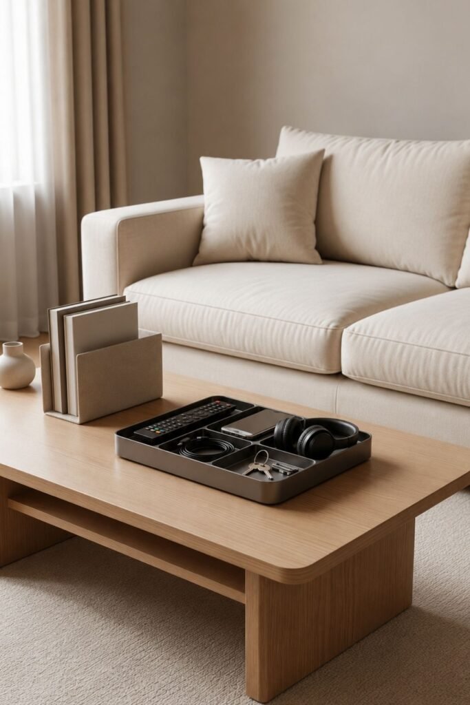 Living room organization ideas with storage tray for remotes chargers and small items