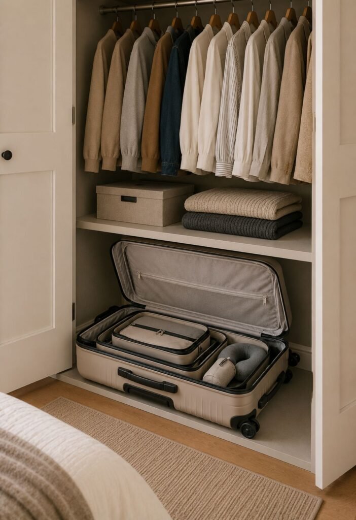 Small bedroom organization ideas with nested luggage stored inside each other in a closet