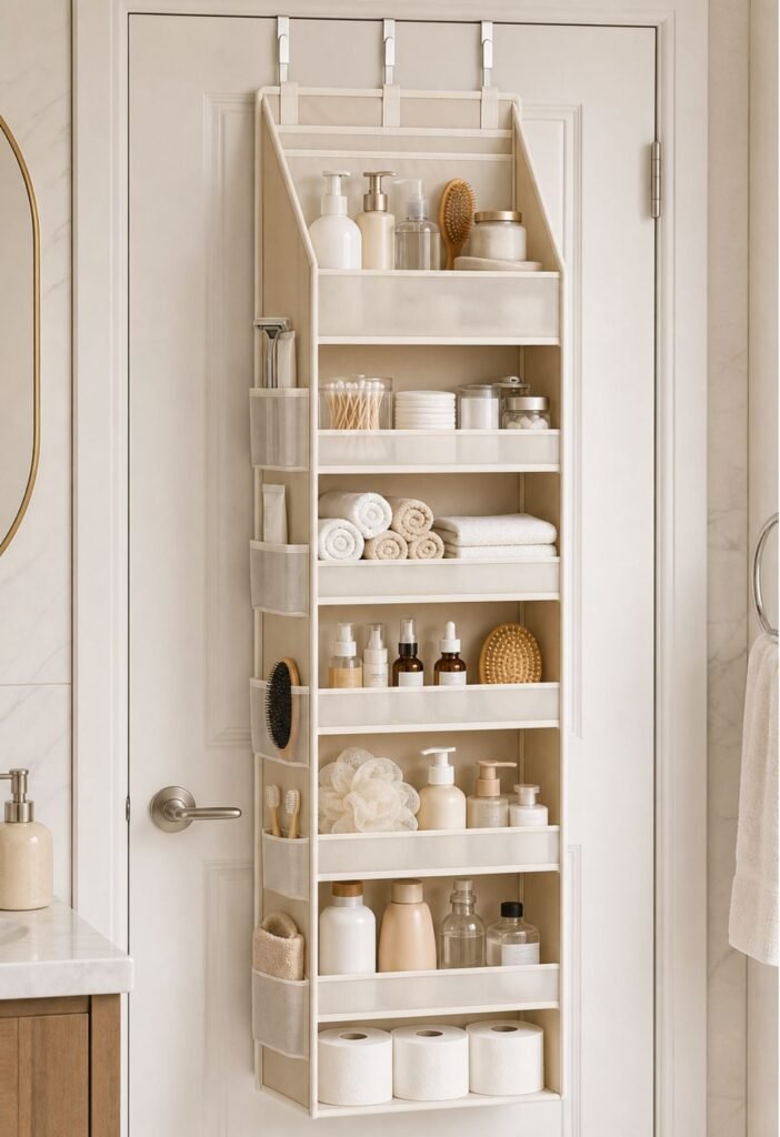 Over-the-door bathroom organizer holding toiletries hair tools and cleaning supplies