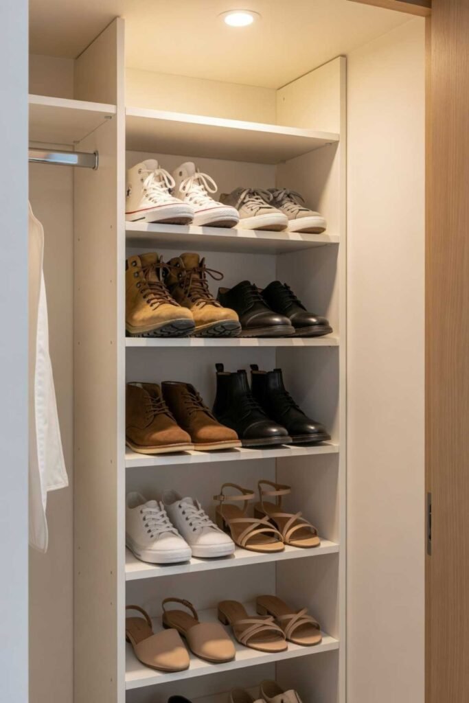 Shoes stored vertically in a closet shoe organizer
