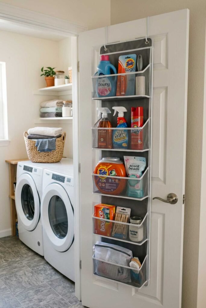 Small laundry room organization ideas with over the door storage organizer