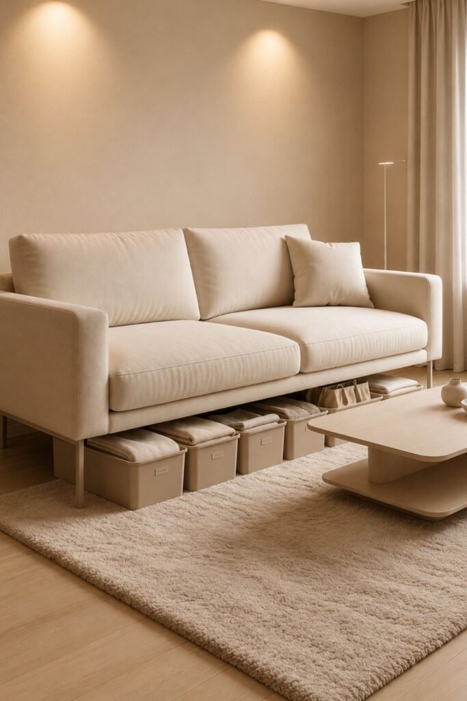 Living room organization ideas with hidden under sofa storage containers