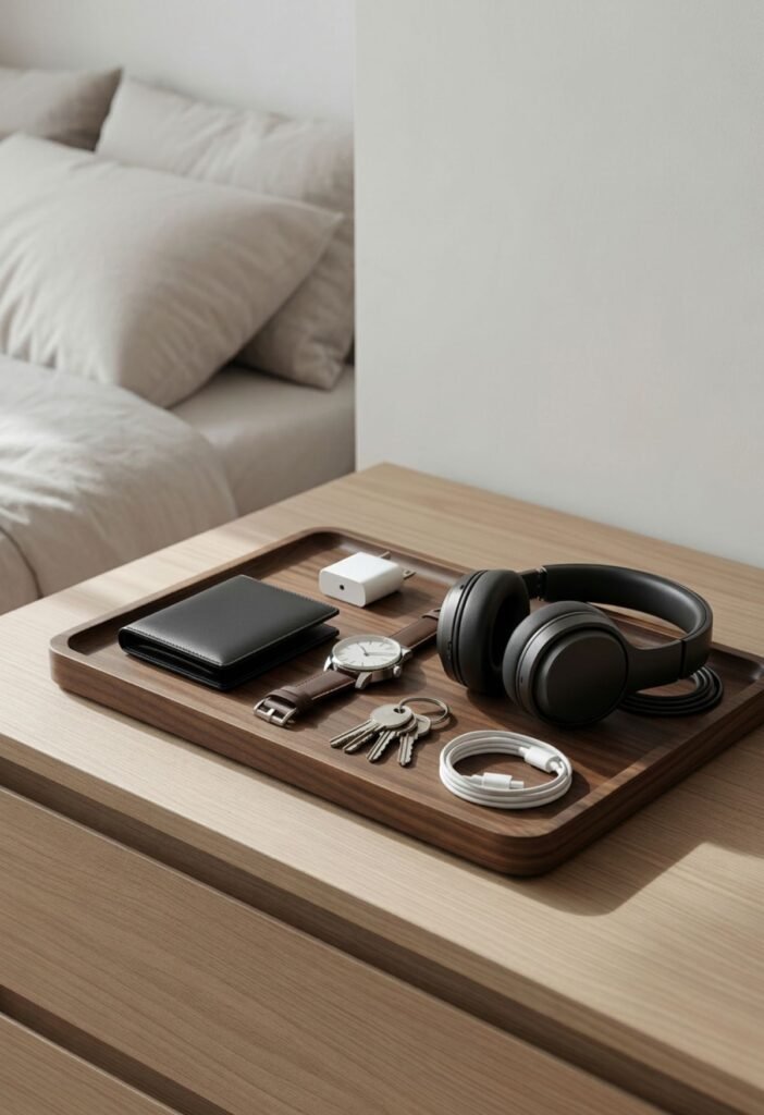 Bedroom organizer tray for everyday essentials on a nightstand