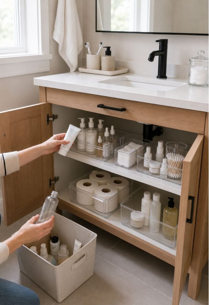 Decluttered small bathroom with organized toiletries and limited everyday products