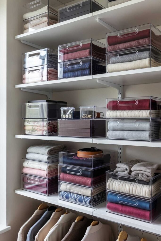 Clear storage containers organizing closet accessories