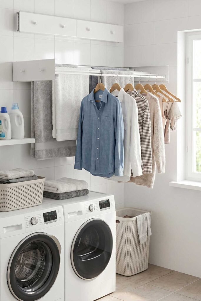 Laundry Room Organization Ideas with wall mounted foldable drying rack