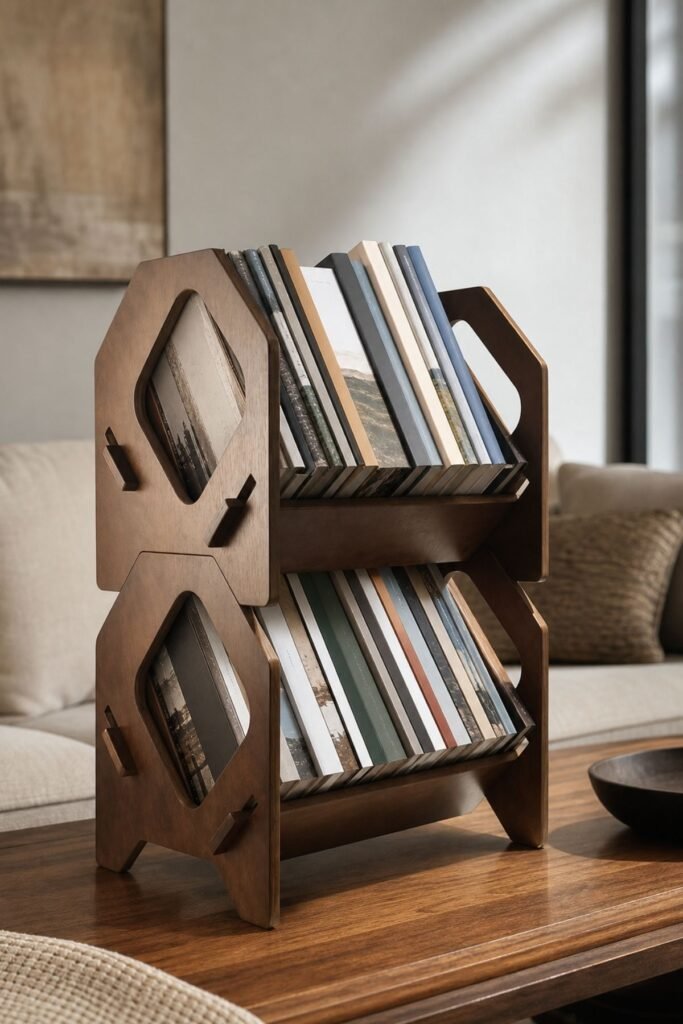 Living room organization ideas with modern magazine holder beside reading chair