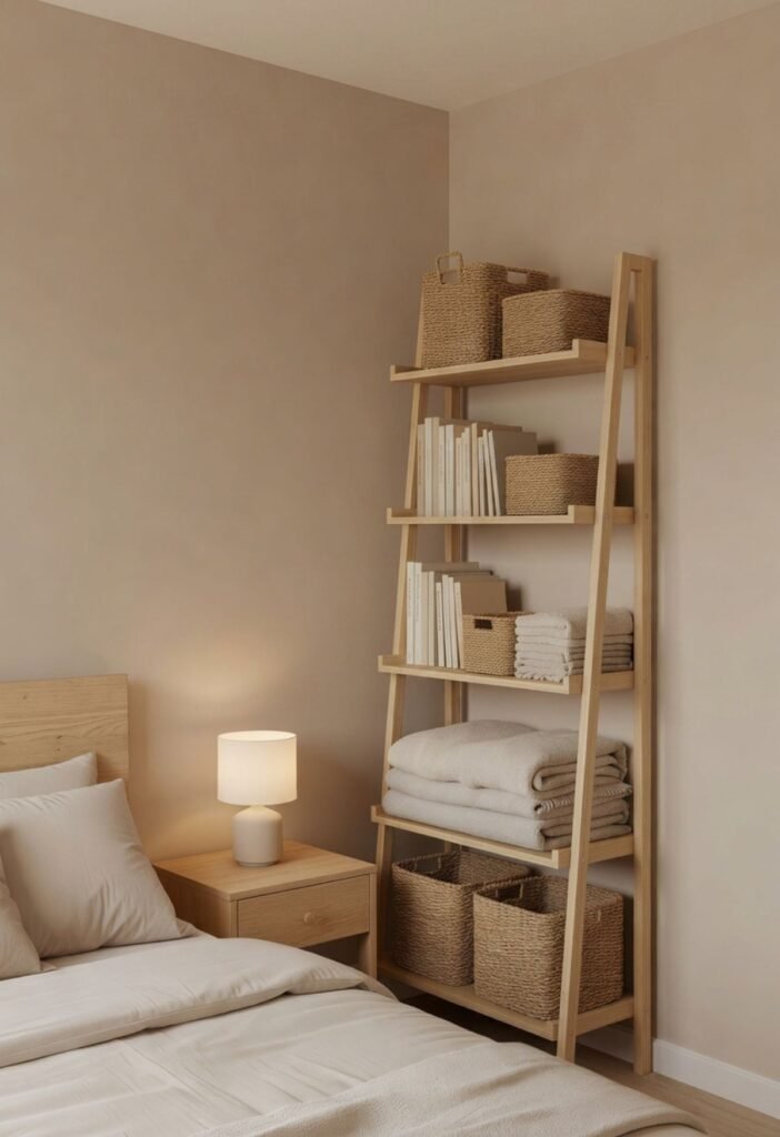 Small bedroom corner storage ideas with ladder shelf and storage basket