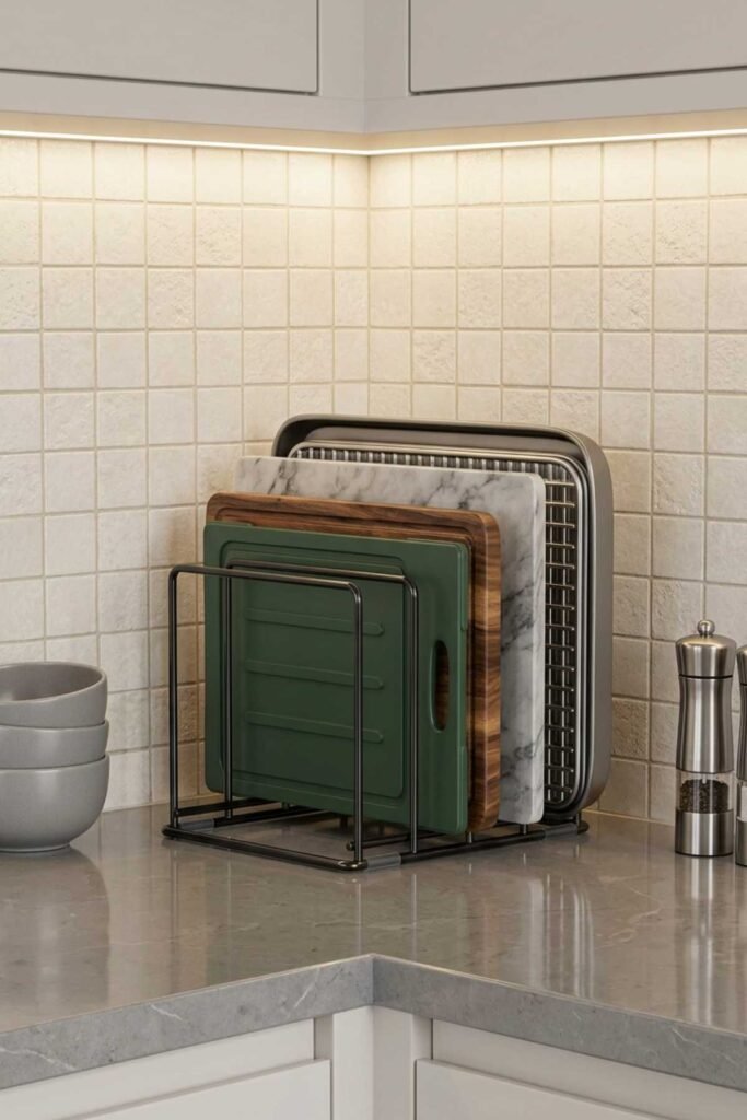 Upright cutting board rack beside kitchen counter with boards stored vertically