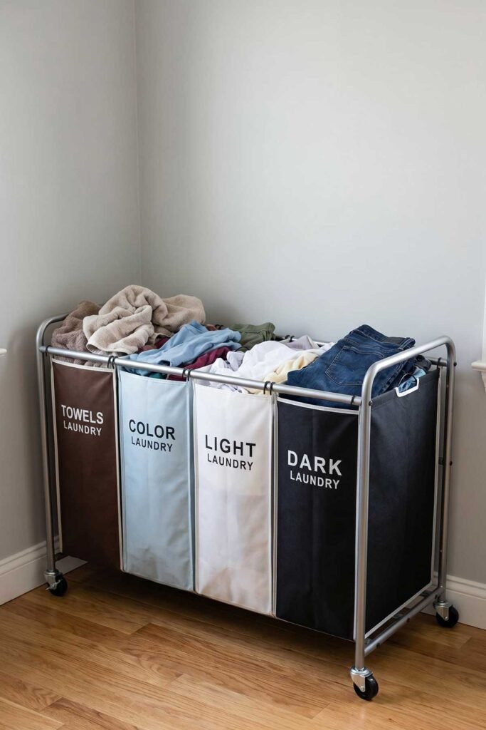 Laundry Room Organization Ideas with rolling hamper sorter cart beside washer and dryer