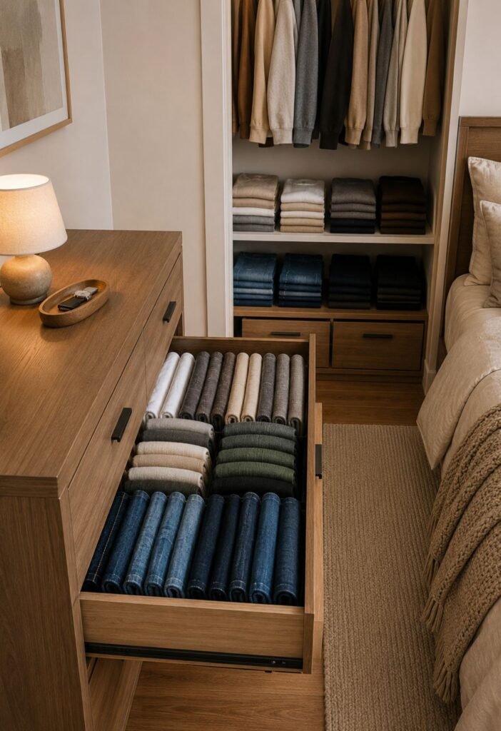 Bedroom drawer with neatly folded clothes organized vertically