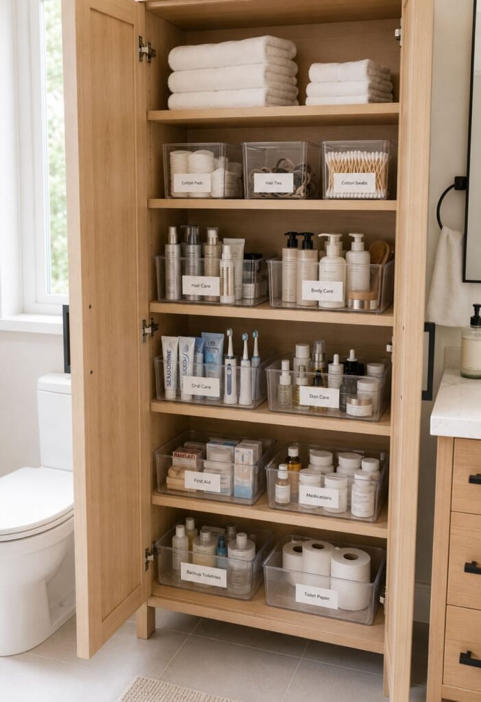 Labeled bathroom storage bins organizing toiletries in a small shared bathroom