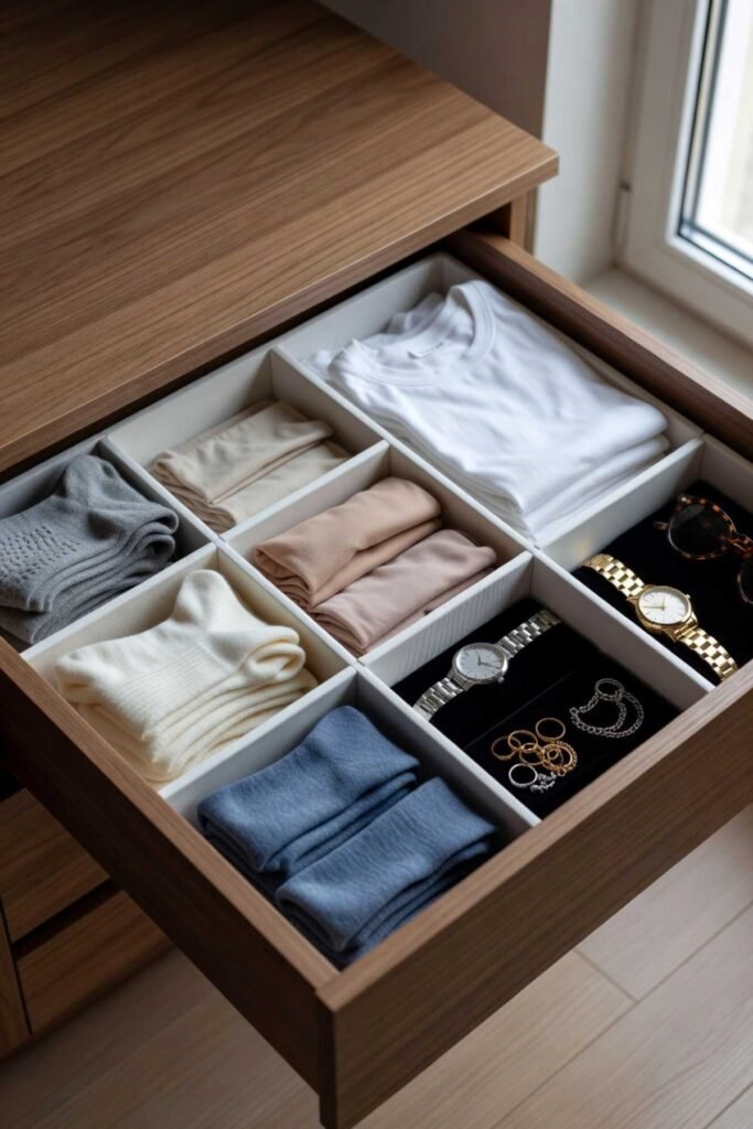 Closet drawer organizers keeping small clothing items tidy
