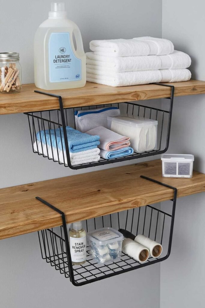 Laundry Room Organization Ideas with under shelf baskets storing cleaning supplies