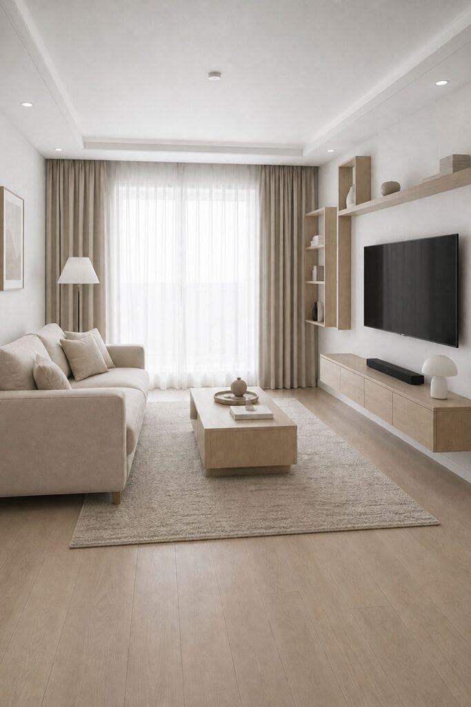 Living room organization ideas with narrow console table behind sofa and storage baskets