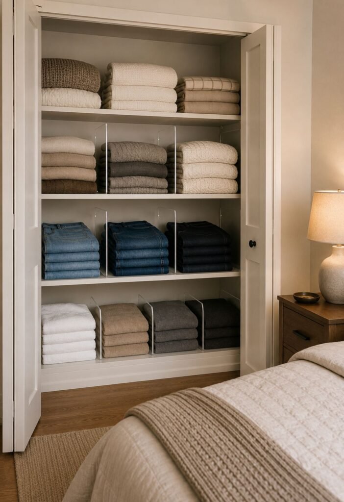 Bedroom closet shelf dividers organizing folded clothes and blankets
