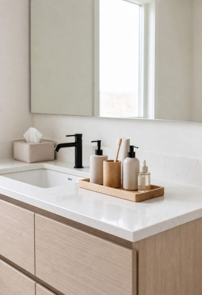 Small bathroom counter tray organizing toothbrush hand soap and daily essentials