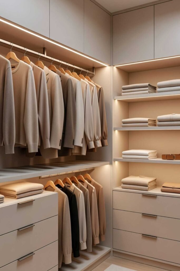 Brightly lit closet with organized clothes and shelves
