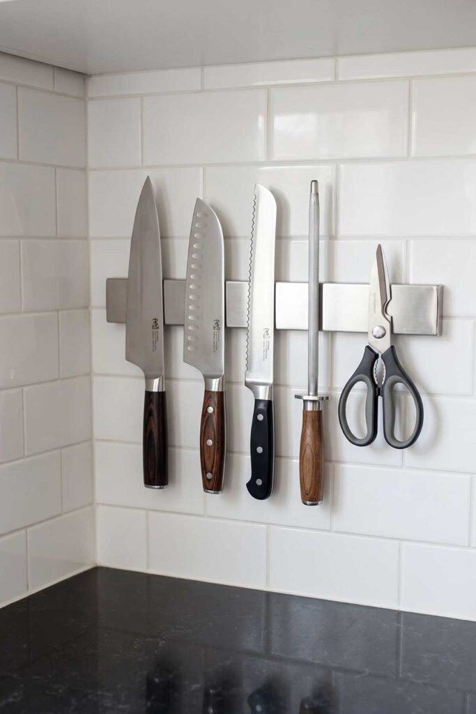 Modern kitchen wall with magnetic knife strip holding knives and metal utensils neatly
