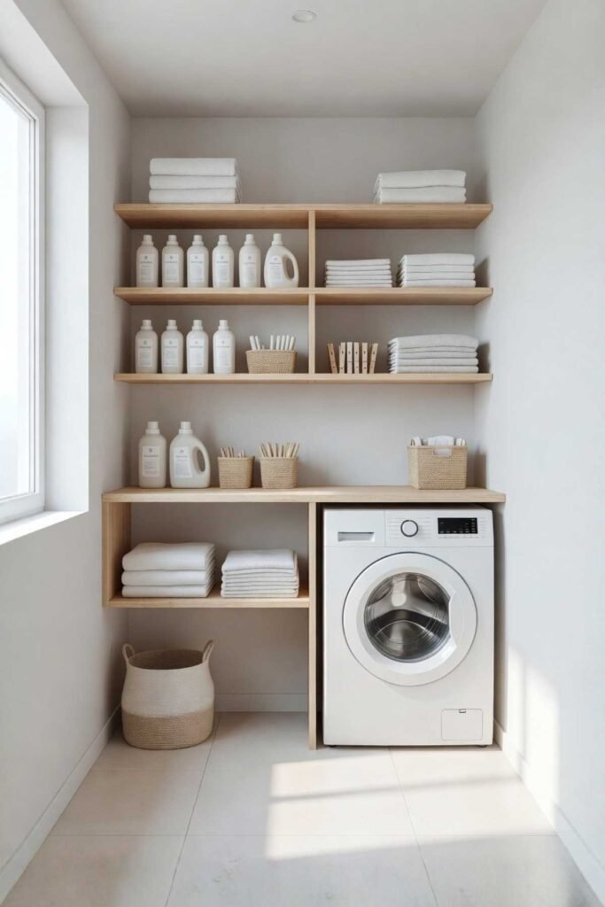 Laundry Room Organization Ideas with bright light colored laundry room and organized storage