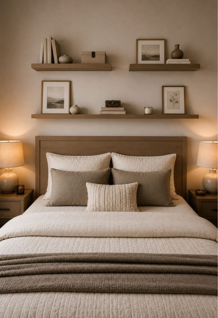 Small bedroom organization ideas with floating shelves above the bed