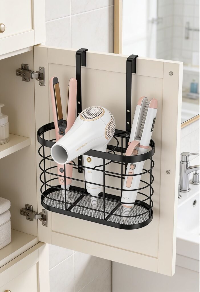 Bathroom cabinet door organizer holding hair tools brushes and small cleaning supplies