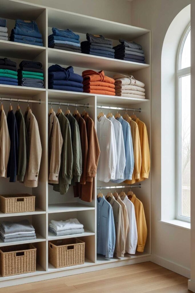 Closet with similar clothing items grouped together