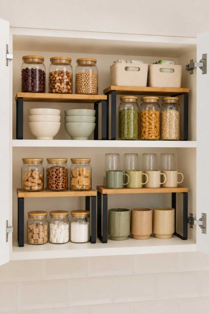Small kitchen cabinet with stackable shelf organizers holding dishes and storage items