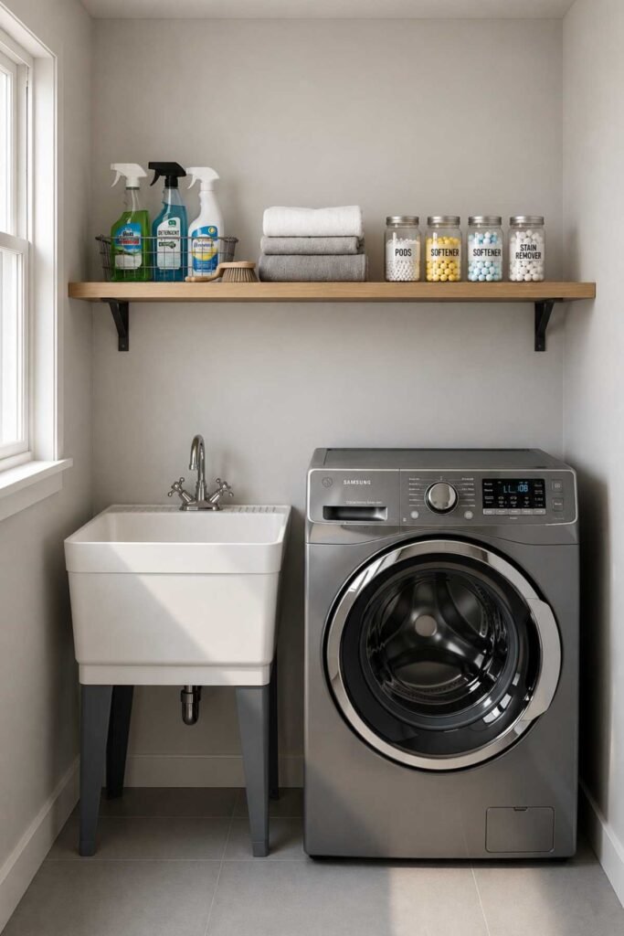 Laundry Room Organization Ideas with compact utility sink beside washer and dryer