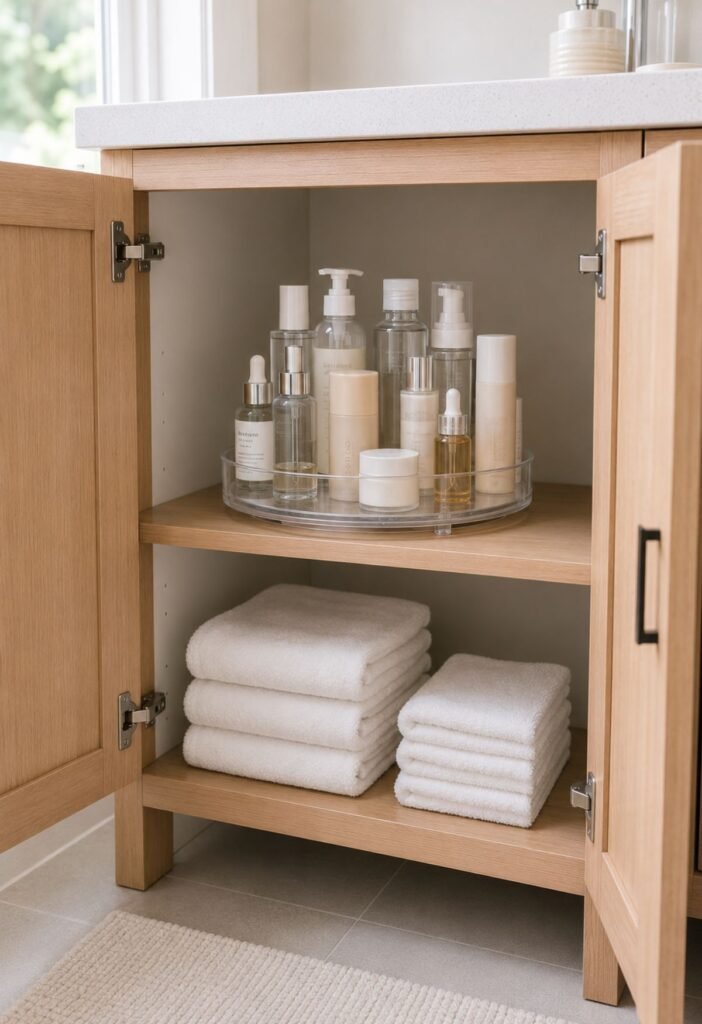 Bathroom cabinet turntable organizing bottles and toiletries for easy access