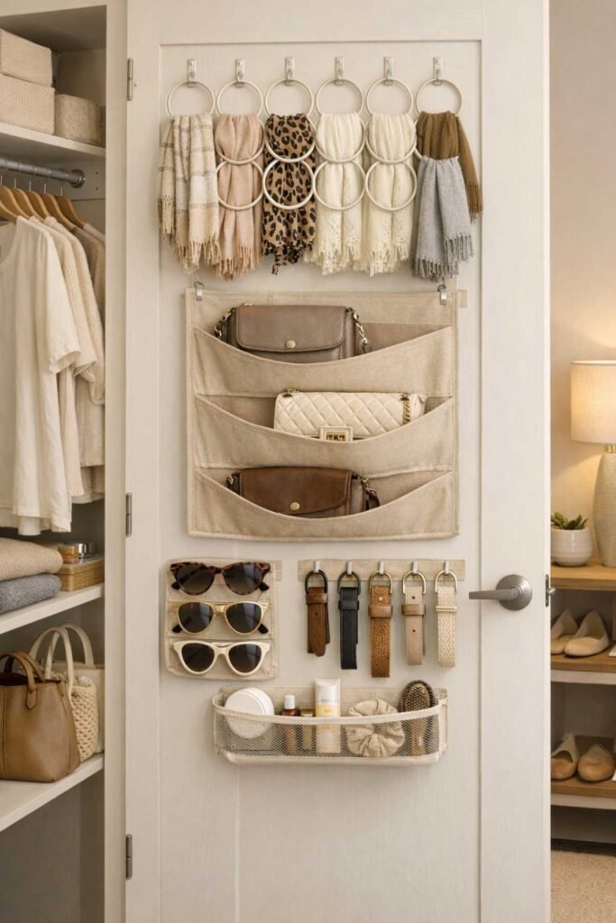 Closet door organizer holding shoes and accessories