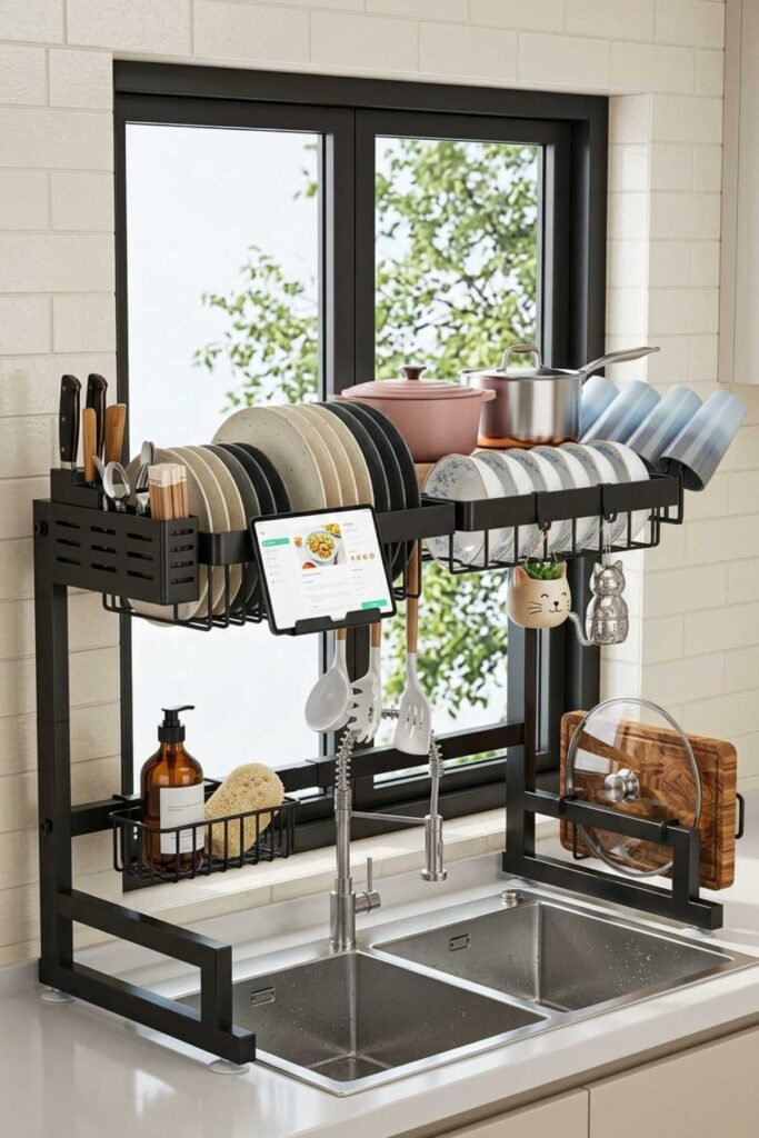 Modern kitchen with over the sink drying rack holding plates bowls and utensils neatly