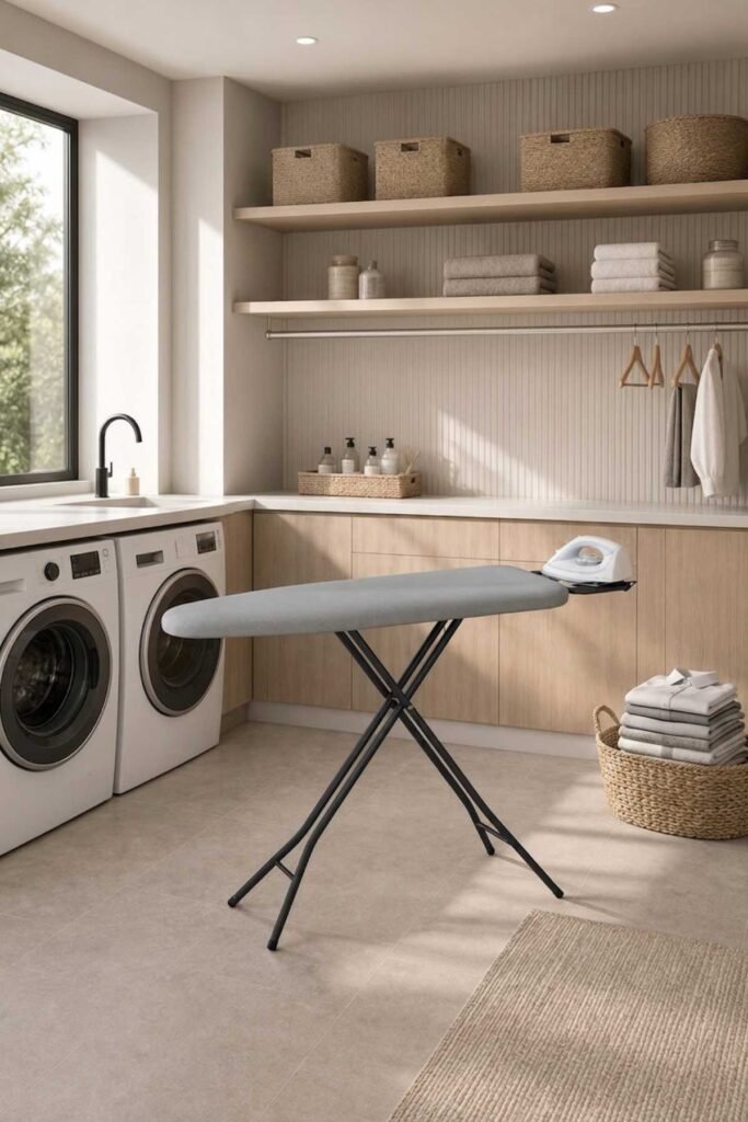 Small Laundry Room Organization Ideas with fold down ironing board inside cabinet