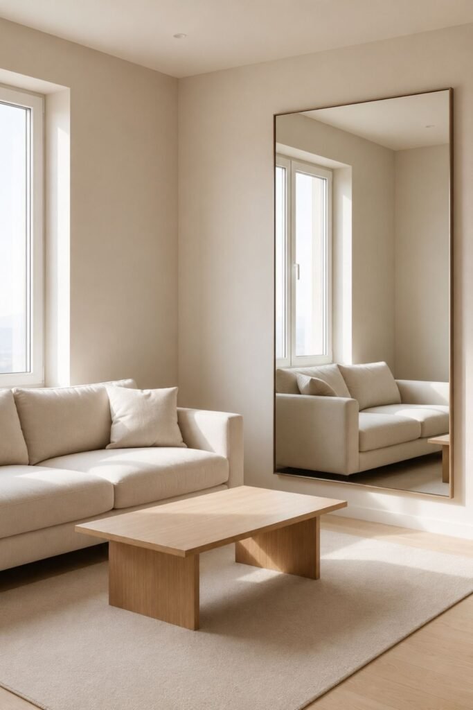 Living room organization ideas with large mirror and natural light