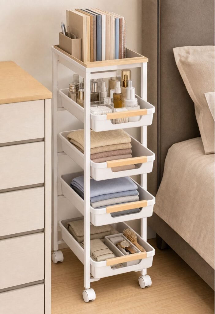 Slim rolling cart beside bedroom dresser for extra storage
