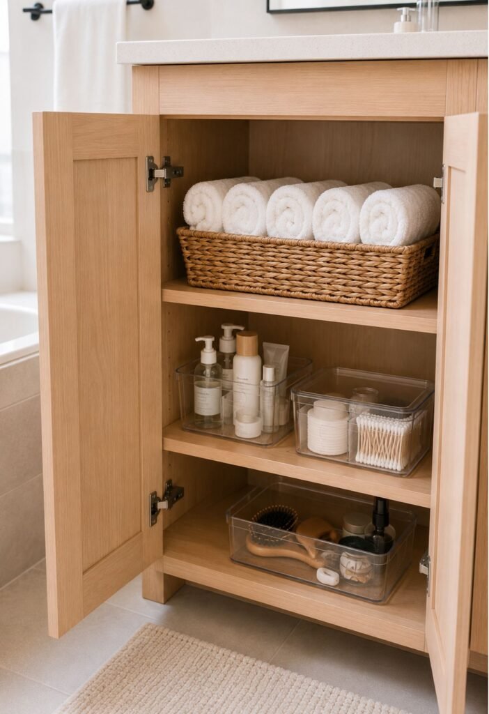 Rolled towels neatly organized in a basket in a small bathroom