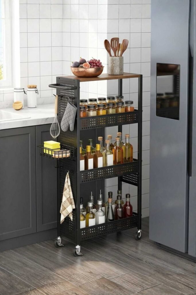 Slim rolling kitchen cart beside refrigerator with organized storage shelves